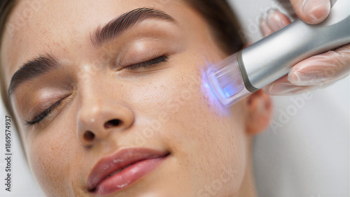 High-tech non-invasive facial procedure with LED light for skin rejuvenation, anti-aging effect, glow boost, lifting results, beauty innovation and advanced aesthetic dermatology care