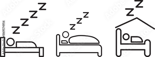 
Sleeping Person in Bed Icon Set. Sleeping People Icon Set. Hotel flat icon. Sleeping shelter sign. Healthy lifestyle symbol. Sleeping People on transparent background
