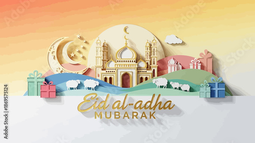 3D Paper Cut Eid al-Adha Mubarak Greeting,  Layered Islamic Holiday Celebration Art