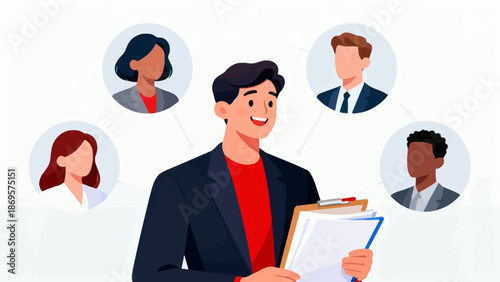 Man with clipboard and profile icons