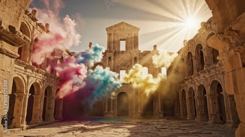 Vibrant colorful smoke billows through ancient stone ruins bathed in dramatic golden sunlight creating an ethereal and artistic atmosphere of mystery and rebirth