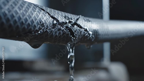Water dripping, then streaming from a leak in a damaged rubber hose, illustrating leakage and plumbing problems