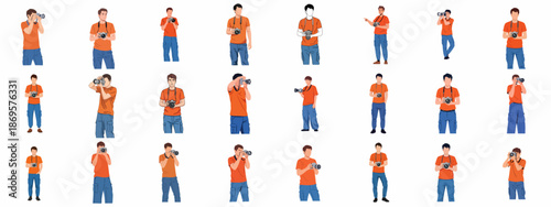 Flat vector illustration collection of a male photographer in various poses, actively using a DSLR camera or holding it ready, isolated on white.