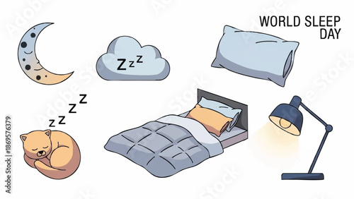 World Sleep Day illustration with sleeping cat and bed.