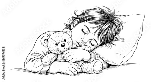 Sleeping child hugging teddy bear in black and white sketch