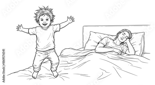 Energetic child jumping on bed while mother sleeps in sketch