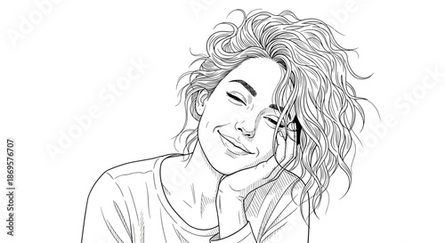 Smiling woman with curly hair in black and white sketch