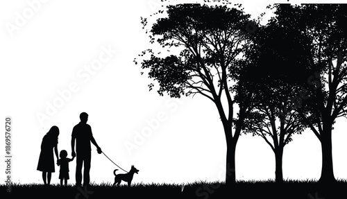 Family walking dog silhouette under trees, outdoor park nature scene illustration isolated on white background vector design