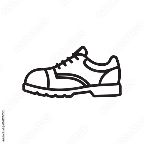 Outline icon of a single laced work shoe or safety boot black and white line art illustration.
