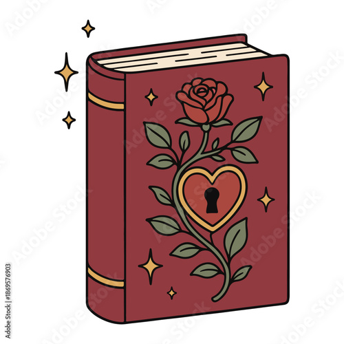 Enchanted Rose Locked Grimoire Illustration, Romantasy Bookish Magic Clipart, Romantasy Bookish Clip Art, Fantasy Romance Book, Magical Love Book, Girly Fantasy Reading Design
