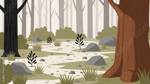 Rendered in a flat vector style with muted earth tones, this woodland landscape illustration depicts a winding beige path dotted with grey rocks meandering past stylized trees and olive-green bushes