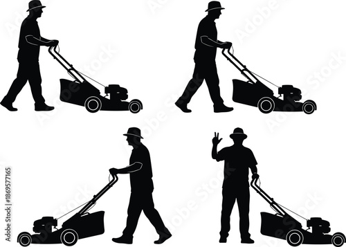 Gardener mowing lawn silhouette set, man using lawn mower garden maintenance outdoor work illustration vector landscaping service concept