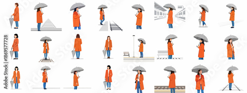 Various poses of a commuter woman in an orange coat and umbrella waiting or walking near a train station and railway tracks.
