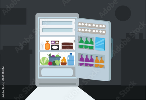 Fridge left open in the dark. Editable Clip Art. 