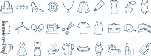 Fashion, clothing, accessories, icons, set, apparel, beauty, tailoring, sewing, style, women, wardrobe, boutique, flat, line, design, textile, retail, vector, illustration