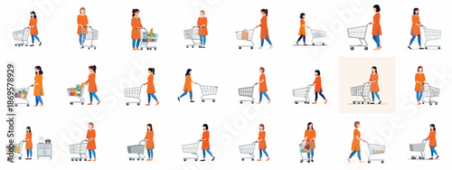Collection of diverse women in orange kurtas shopping with pushcarts. Supermarket grocery shopping concept vector illustration set.