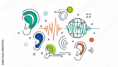 Abstract representation of sound waves and human ears.
