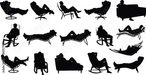 Relaxing people silhouettes sitting and lying on chairs and sofas, leisure lifestyle concept, comfort, rest, relaxation illustration