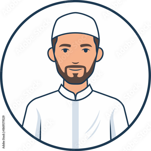 Cartoon illustration of a Muslim man with a beard wearing a white cap and shirt, depicted as a profile avatar.