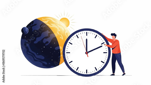Man Adjusting Clock Face Next to Celestial Body.
