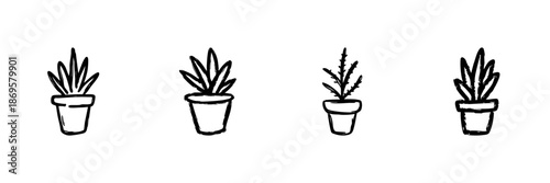 Potted Succulent Plants Line Icon Set In Doodle Style. Indoor Gardening, Home Decor, And Plant Care Outline Sketch Collection. Hand Drawn Isolated Vector Illustration