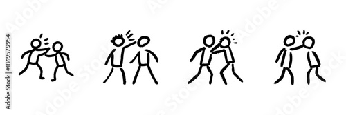 Stick Figure Conflict And Resolution Line Icon Set In Doodle Style. Interpersonal Conflict, Argument, And Resolution Outline Sketch Collection. Hand Drawn Isolated Vector Illustration
