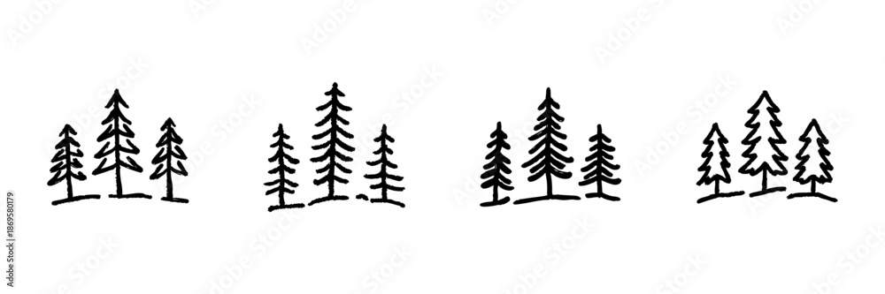 Obraz premium Pine Tree Forest Line Icon Set In Doodle Style. Nature, Wilderness, And Outdoor Adventure Outline Sketch Collection. Hand Drawn Isolated Vector Illustration