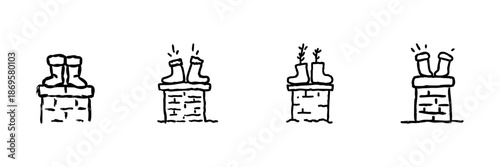 Santa Stuck In Chimney Line Icon Set In Doodle Style. Christmas Humor And Festive Holiday Illustration Outline Sketch. Seasonal Celebration And Winter Fun. Hand Drawn Isolated Vector Illustration