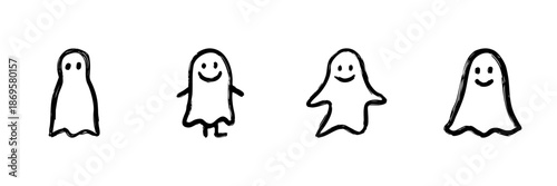 Cute Ghost Characters Line Icon Set In Doodle Style. Halloween, Spooky, And Playful Spirit Illustrations Outline Sketch Collection. Hand Drawn Isolated Vector Illustration
