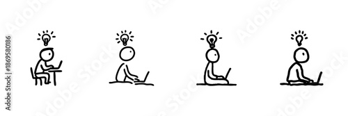 Stick Figure Working On Laptop With Light Bulb Line Icon Set In Doodle Style. Creativity, Innovation, And Idea Generation Outline Sketch Collection. Hand Drawn Isolated Vector Illustration