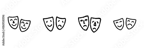 Theater Masks Line Icon Set In Doodle Style. Comedy And Tragedy, Performing Arts, And Drama Representation Outline Sketch Collection. Hand Drawn Isolated Vector Illustration