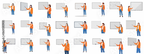 Collection of female presenter flat vector illustrations. Woman in orange blazer teaching, lecturing, or giving a business presentation next to a blank whiteboard.