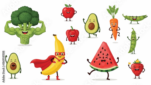 Funny Cartoon Fruits and Vegetables Characters Posing.