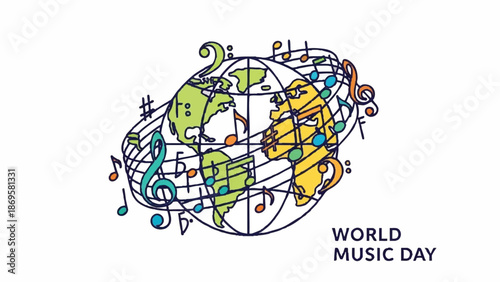 World Music Day Celebration Globe with Musical Notes.