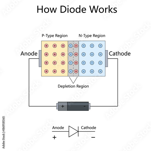 internal structure of a diode, showing P-type and N-type regions, depletion zone, and current flow diagram hand drawn schematic vector. Science educational illustration