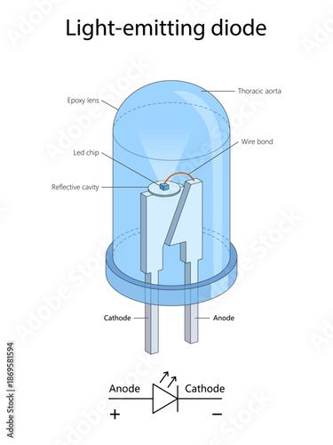 internal components and function of a light-emitting diode, including anode, cathode, LED chip, and lens diagram hand drawn schematic vector. Science educational illustration