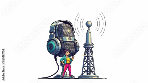 Podcast Studio Setup with Microphone Headphones and Transmitter Tower.