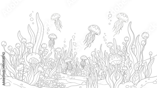 Magical Underwater Garden with Glowing Plants Coloring Page, Fantasy Theme.svg