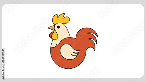 A cartoon illustration of a rooster with a bright yellow comb and wattle, standing proudly with its chest puffed out