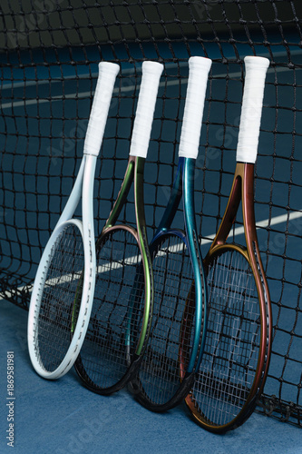 Side view of four modern tennis rackets with white grips leaning against a net on a blue court. Sports equipment, training, competition and professional tennis concept.