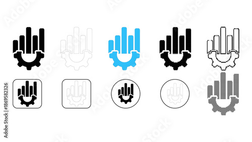 Analytics gear data process system icon set in solid line dot pixelated colourful styles