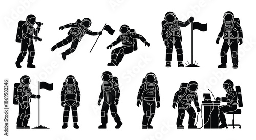 Astronaut silhouettes engaged in various activities on a lunar surface