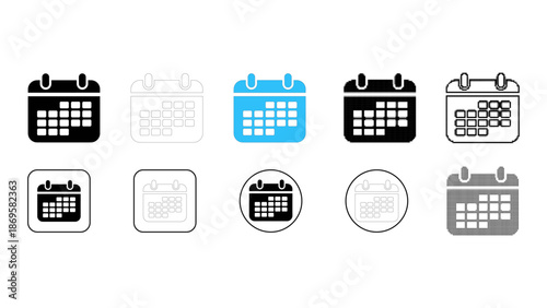 Calendar schedule icon set showing date planning system in solid line dot pixelated colourful style for productivity too