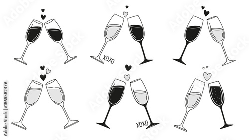 Set of wine glasses with hearts on white background for valentines day