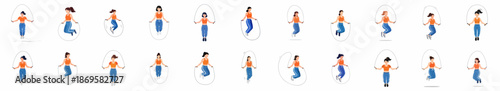 Vector illustration set of women performing jump rope exercise, showcasing various skipping poses and healthy cardio workout movements on a white background.