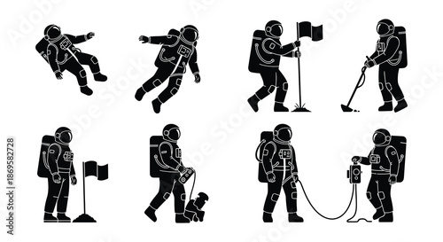 Astronaut silhouettes engaged in various activities on a lunar surface