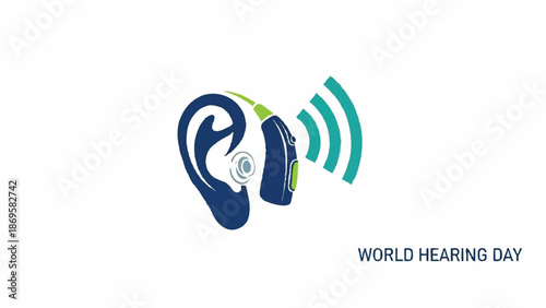 World Hearing Day illustration with hearing aid and sound waves.