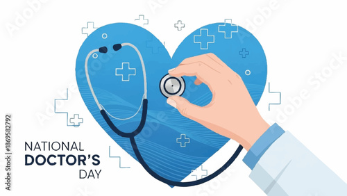 Doctors Hand Holding Stethoscope Over Blue Heart Symbol.