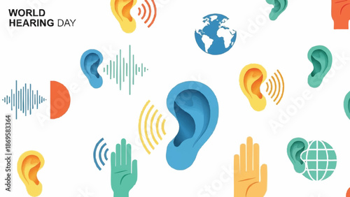 World Hearing Day illustration with ears and sound waves.
