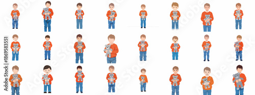 Set of diverse young boys illustrations, different ages and appearances, standing and hugging a gray teddy bear in orange sweaters and jeans.
